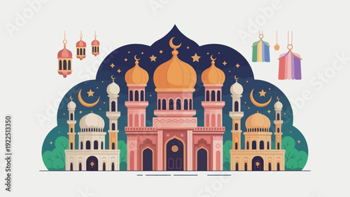 An enchanting illustration depicts a grand mosque with multiple domes and minarets, flanked by smaller structures, glowing lanterns, and festive tents under a starry night sky.