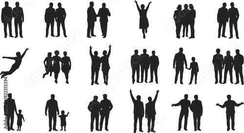 Group of people silhouette collection, business team, friends and family standing together, teamwork unity concept vector isolated illustration