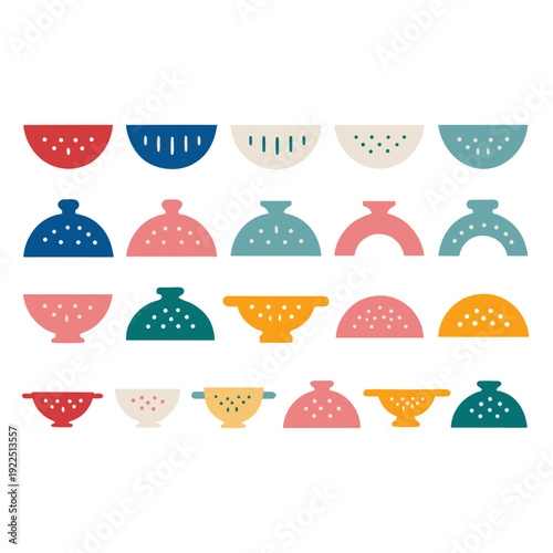 A collection of colorful kitchen colanders and strainers with unique decorative patterns for everyday use