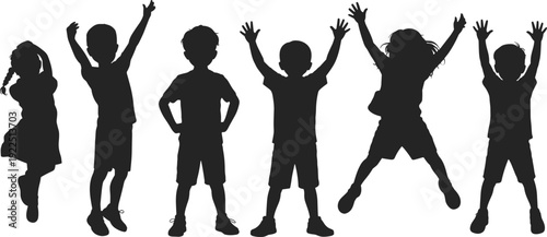 Happy children jumping silhouettes collection, playful kids with raised hands isolated on white background, active childhood concept set