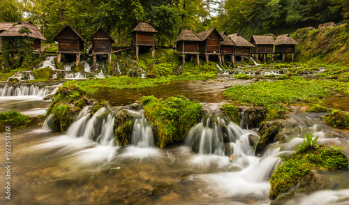 Konstfotografi Pliva watermills cascading river in Jajce Bosnia and Herzegovina.