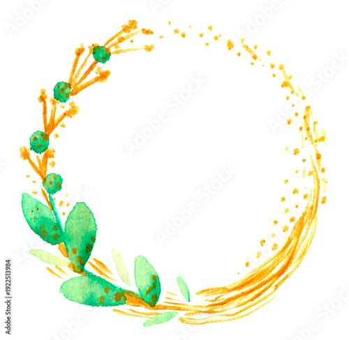 Color watercolor illustration. Round flower frame, green eucalyptus leaves, golden elements, twigs. For festive decoration.