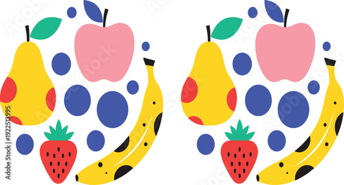 Colorful Fruit Composition Vector Set with Apple Pear Banana Strawberry and Blueberries Isolated on White Background