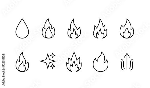 Minimal Fire Flame Outline Icons Hot Burn Symbol Vector Set