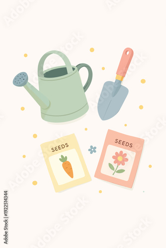 Cute gardening tools vector illustration with watering can, hand trowel and seed packets in pastel flat style, perfect for spring garden and home planting themes.