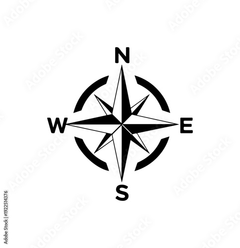 Black compass navigation symbol, directional icon, vector compass rose, navigation sign