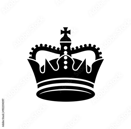 Black crown icon, royal crest symbol, monarch headpiece, vector emblem