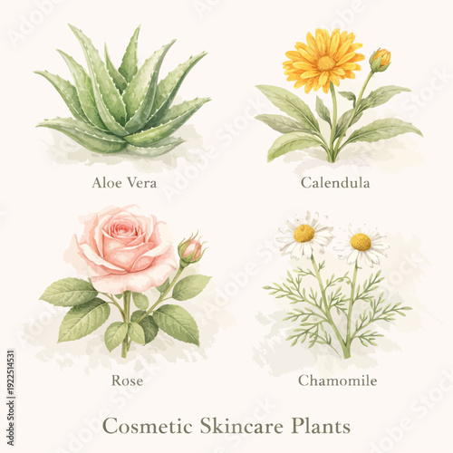 Botanical cosmetic skincare plants illustration featuring aloe vera, calendula, rose and chamomile in soft vintage watercolor style on textured background.