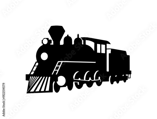 Vintage steam locomotive, black silhouette, train icon, railway vehicle
