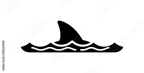 Shark fin, ocean waves, black silhouette, vector icon, marine symbol