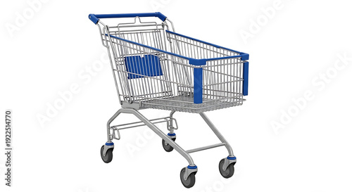 A blue shopping cart with black wheels and a black handle on a white background