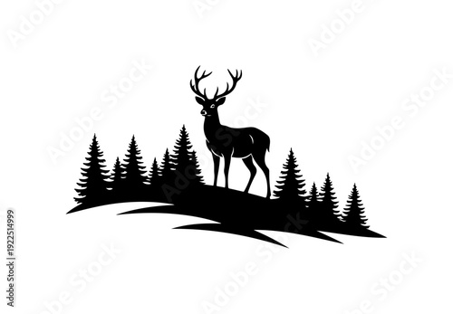 Majestic deer standing on hill with pine trees in forest landscape