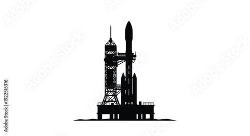 Space launch complex depicted in a striking black silhouette