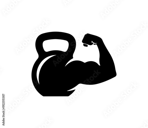 Muscular arm flexing with kettlebell in hand