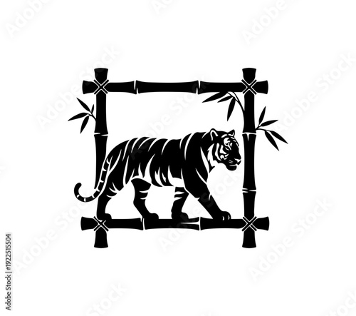 Majestic tiger walking through Asian-inspired bamboo frame