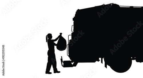 Person emptying trash into a garbage truck against a white background silhouette