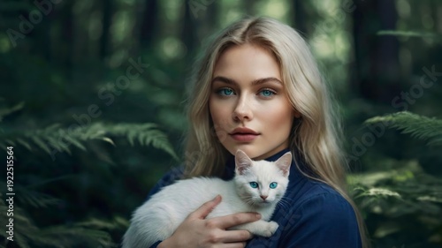 young woman with white cat or kitty on hand in the park, fluffy cat, pet, animal,lifestyle,