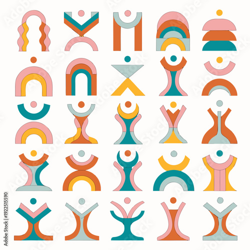 Set of colorful abstract geometric icons, resembling human figures and architectural forms, symbolizing connections, growth, and individuality in modern graphic design