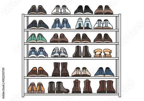 A fiveshelf metal shoe rack filled with various styles of footwear