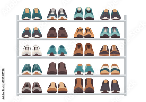 A fiveshelf shoe rack filled with various pairs of shoes shown from the back