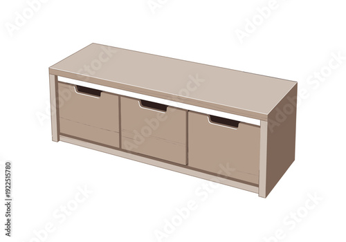 Beige low storage cabinet with three drawers isolated on white background