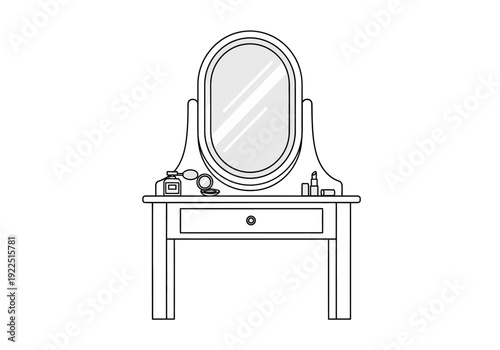 Black and white line drawing of a vanity table with a mirror and cosmetics