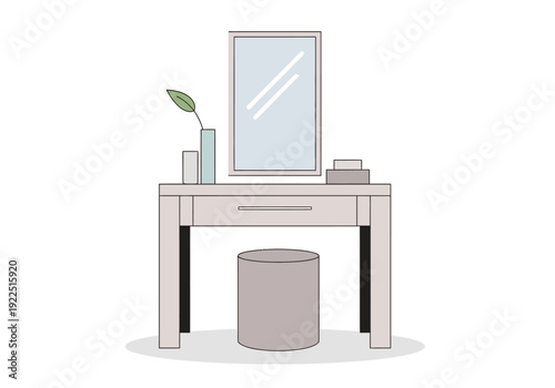 Minimalist illustration of a light purple vanity table with a mirror and stool