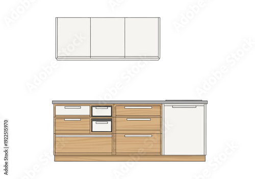 Minimalist kitchen cabinet design featuring wood grain drawers and white fronts