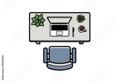 Overhead view of a light gray desk with a laptop chair and desk accessories