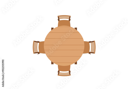 Overhead view of a round wooden table with four chairs on a white background
