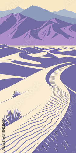 Illustrated desert landscape with winding sand dunes and distant mountains