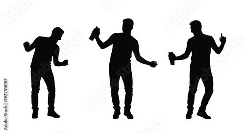 Three men dancing and holding drinks a striking black silhouette