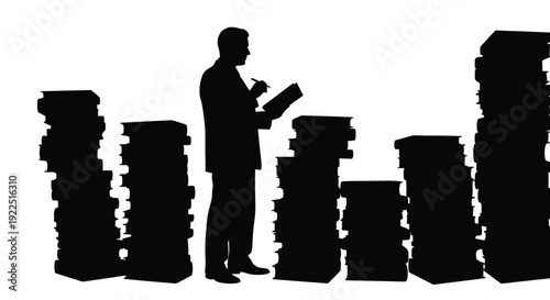 A business professional reading amongst stacks of books silhouette