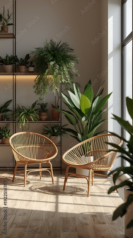Fototapeta premium AI Generative Modern Indoor Scene with Green Plants and Rattan Chairs