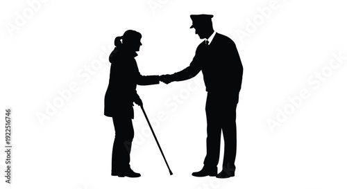 A formal greeting between a woman and a man in a striking silhouette