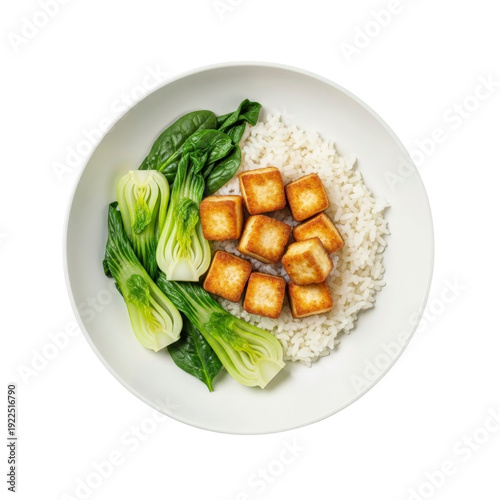 Bowl of rice with tofu and bok choy