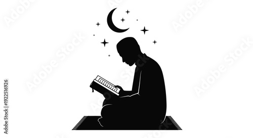 A muslim man prays with an open book under a crescent moon silhouette