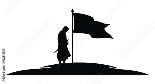 A lone warrior stands with a flag on a hill silhouette