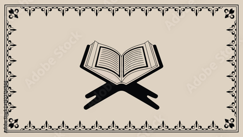 A sacred open holy book rests on a traditional rehal stand, elegantly framed by an intricate black and beige Islamic border.