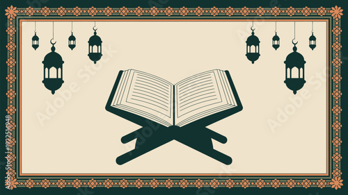 An open holy book on a rehal stand is gracefully displayed within an elegant green and beige Islamic border, complemented by hanging lanterns.
