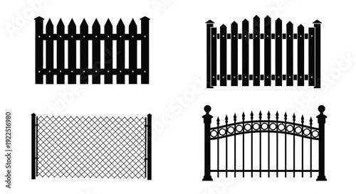 Four black fence designs with varying styles a striking silhouette