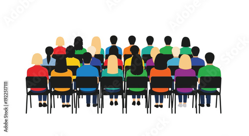 A colorful group of people seated in rows a striking silhouette
