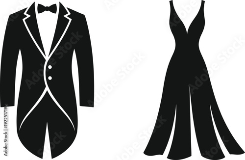 Elegant formal black attire including a classic tailcoat and a stylish evening gown for special occasions