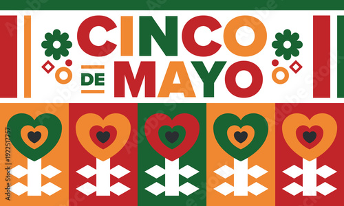 Cinco de Mayo in Mexico. Traditional mexican fiesta in May. National happy holiday with carnival, festival and parade. Latin american and spanish pattern. Illustration with sombrero. Vector poster