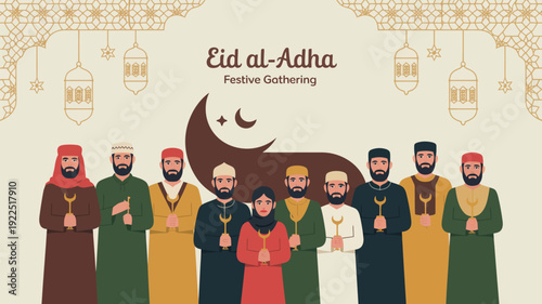 A diverse group of Muslim individuals celebrate Eid al-Adha beneath a large crescent moon and ornate hanging lanterns.