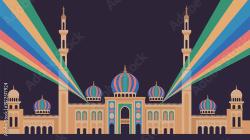 A magnificent mosque with multiple domes and minarets is illuminated by vibrant, colorful light rays stretching across the sky.