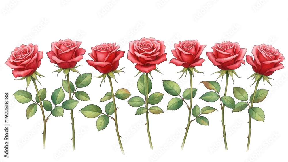 Fototapeta premium Six beautiful pink roses on long stems isolated on transparent background