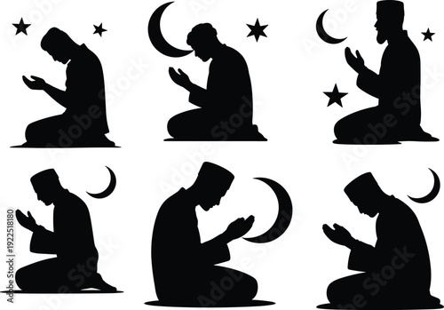 Muslim man praying silhouette with moon and stars, Islamic vector design, Ramadan illustration, Islamic prayer concept, spiritual worship graphic