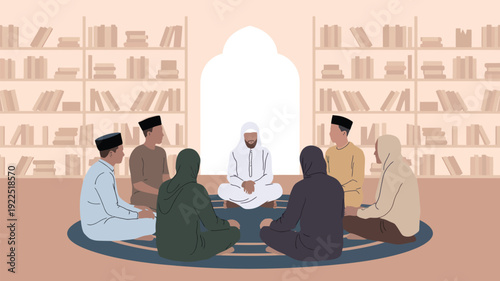 A group of Muslim men and women are sitting in a circle, engaged in prayer or discussion, in a room filled with books.
