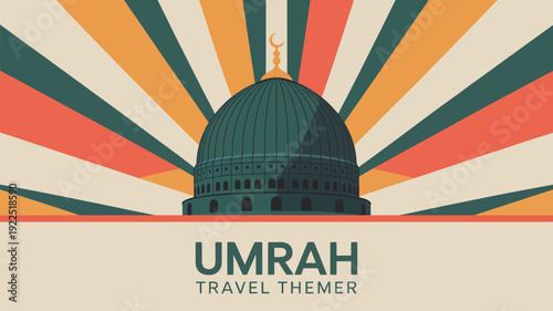 A vibrant illustration of a mosque dome with a crescent moon, set against a colorful sunburst background with "UMRAH TRAVEL THEMER" text.